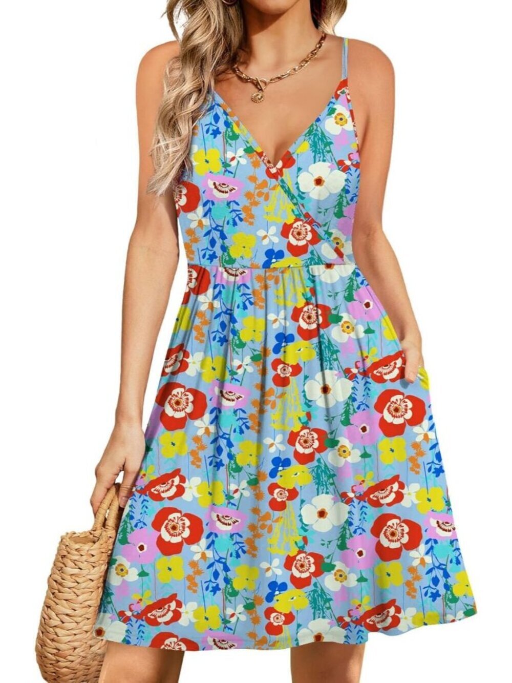 Women's Colorful Flower Blue Spaghetti Sundress Casual Beach Flowy Mini Dress